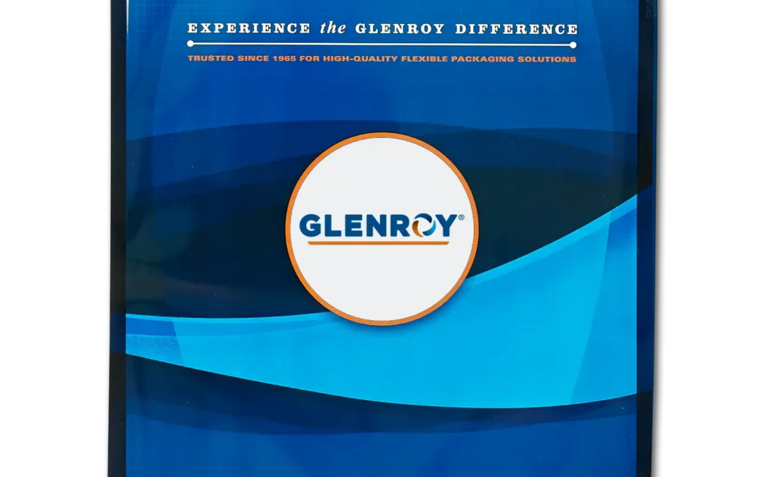 Glenroy premade pouch with branded blue packaging design and company logo