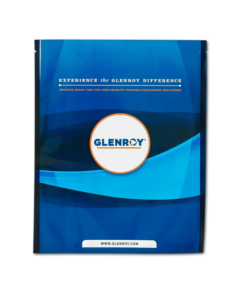 Glenroy premade pouch with branded blue packaging design and company logo