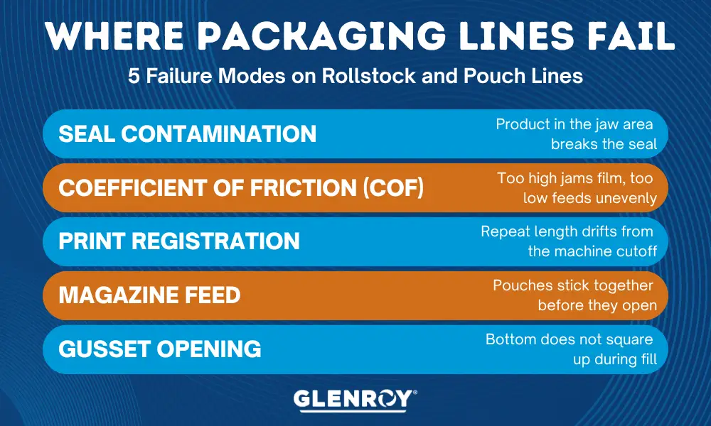 Glenroy infographic explaining five common packaging line failure modes on rollstock and pouch lines