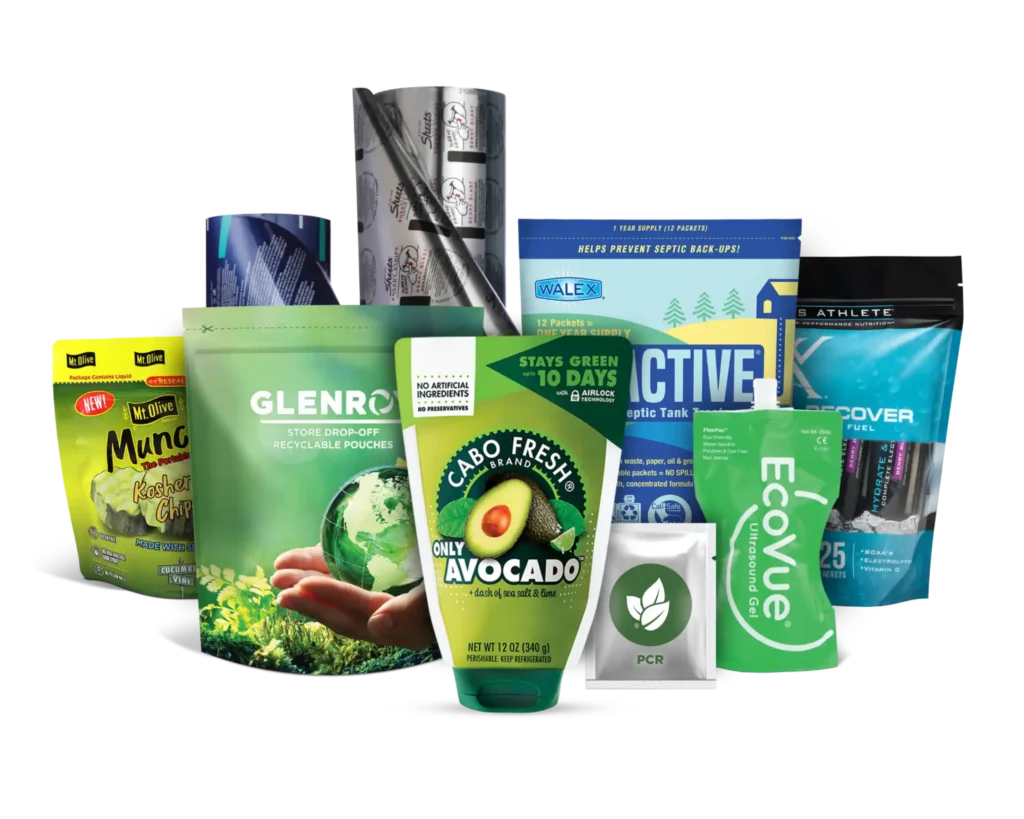 Collection of Glenroy flexible packaging products, including stand-up pouches, spouted pouches, recyclable packaging, and printed rollstock film.