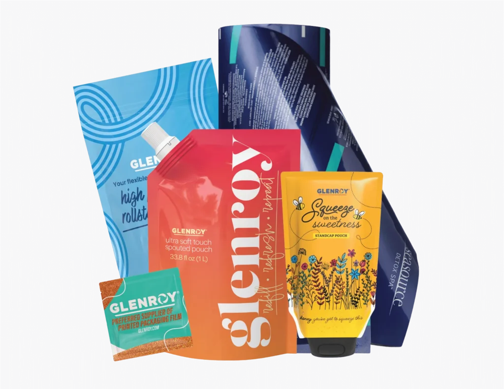 Glenroy custom printed flexible packaging, including stand-up pouches, spouted pouches, sachets, and rollstock film.