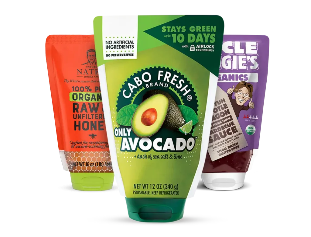 Standcap flexible packaging pouches for Cabo Fresh avocado, Nate's organic honey, and Uncle Dougie's barbecue sauce.