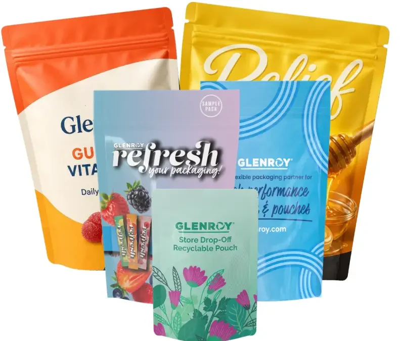 Glenroy custom stand-up pouches for gummy vitamins, honey, stick packs, and recyclable flexible packaging.